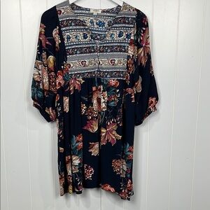 Umgee Womens Mini/Tunic S Black Blue Floral Multi-Print 3/4 Balloon Sleeves EUC